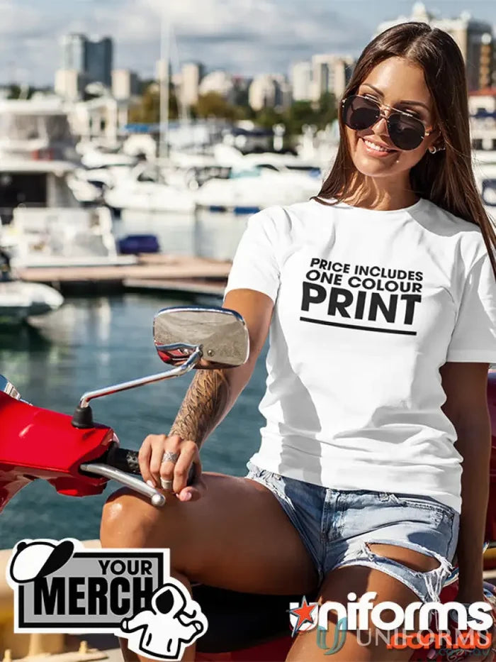 White t-shirt with black print from MOQ1000 Printed LADIES Tee, perfect for work uniforms