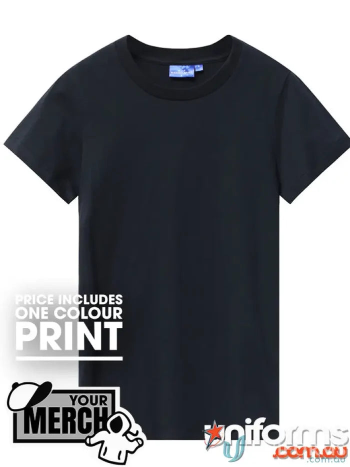 Black crew neck T-shirt from MOQ250 Printed LADIES Tee for casual workwear or uniforms