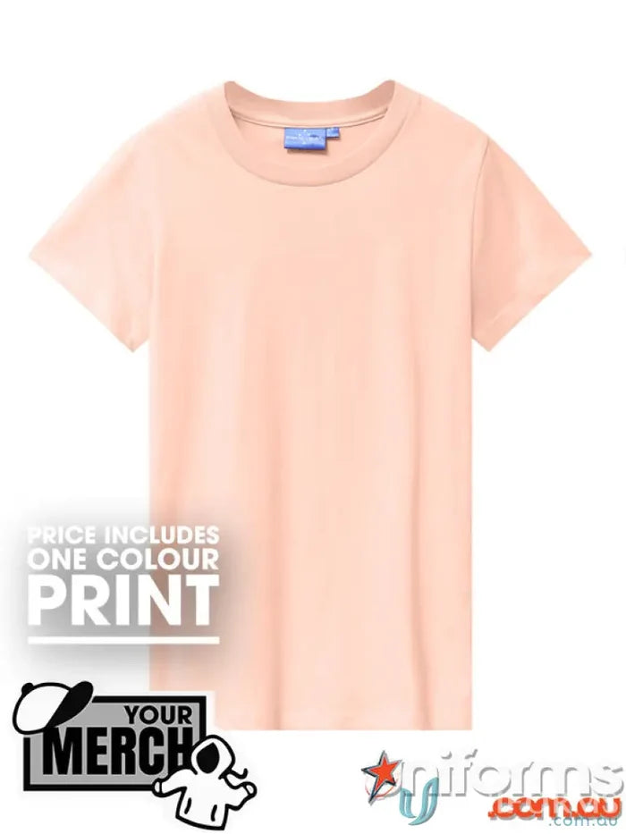 Peach-colored short-sleeved T-shirt from MOQ250 Printed LADIES Tee, perfect for work uniforms