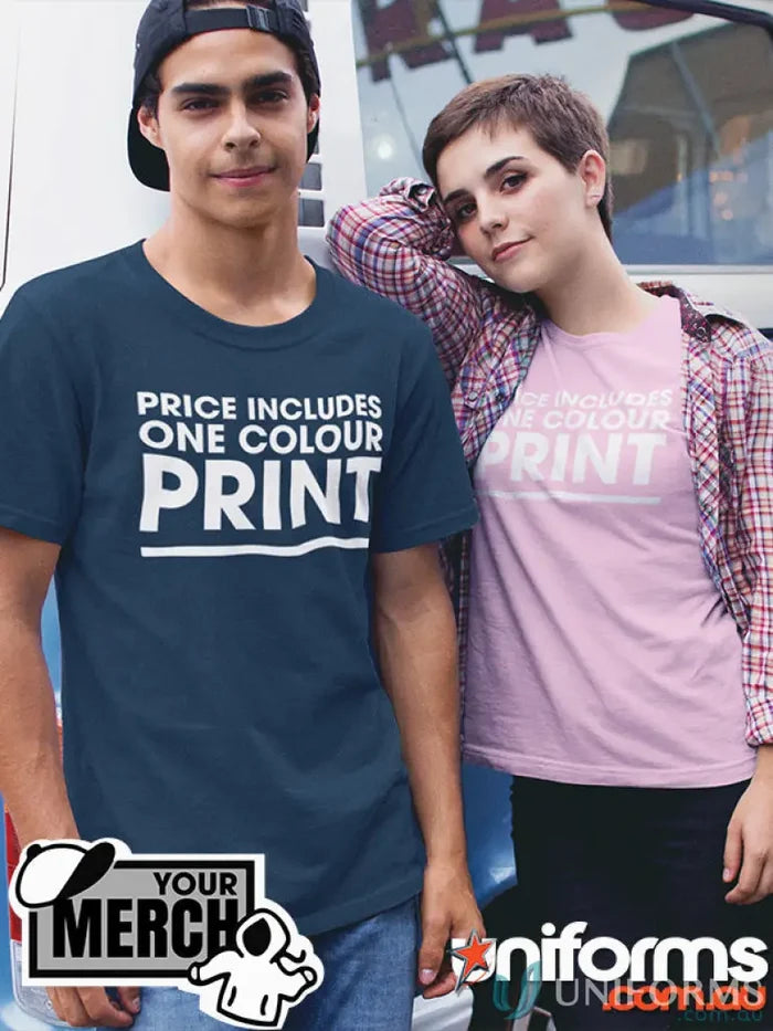 Two people wearing stylish printed tees made from combed cotton for casual workwear or uniforms