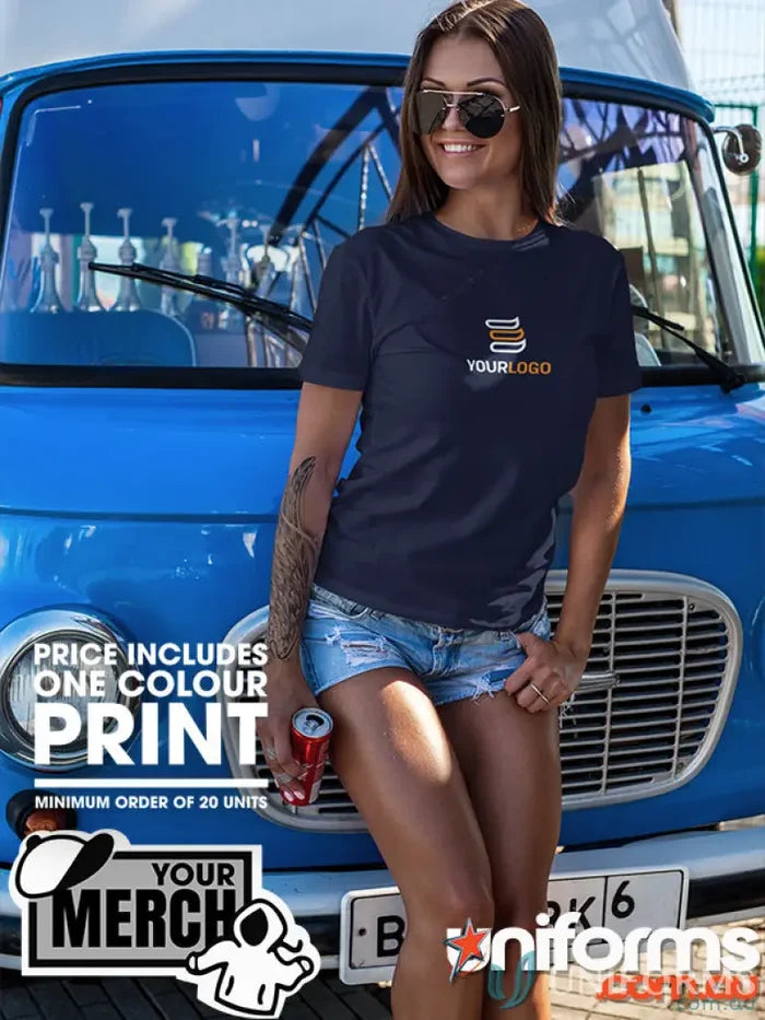 Woman in dark blue T-shirt and denim shorts, perfect casual workwear or uniforms