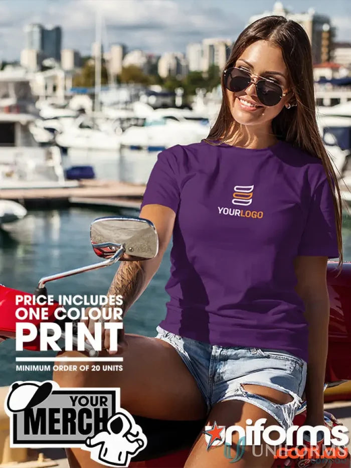 Purple T-shirt with custom logo ideal for work uniforms or workwear at MOQ500
