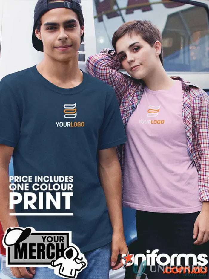 Two people showing off custom-printed Youth T-shirts made from comfy combed cotton workwear