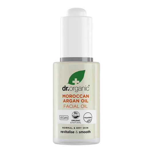 30ml bottle Dr. Organic Moroccan Argan Oil Facial Oil, a non-greasy moisturiser that nourishes and restores the skin.