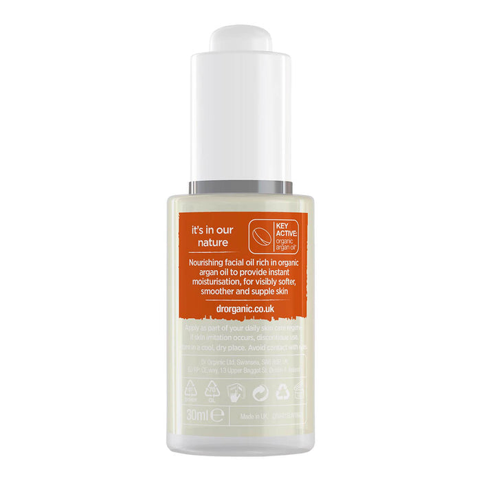 Back of 30ml bottle Dr. Organic Moroccan Argan Oil Facial Oil, a non-greasy moisturiser that nourishes and restores the skin.