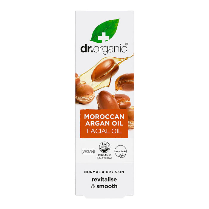 30ml box Dr. Organic Moroccan Argan Oil Facial Oil, a non-greasy moisturiser that nourishes and restores the skin.