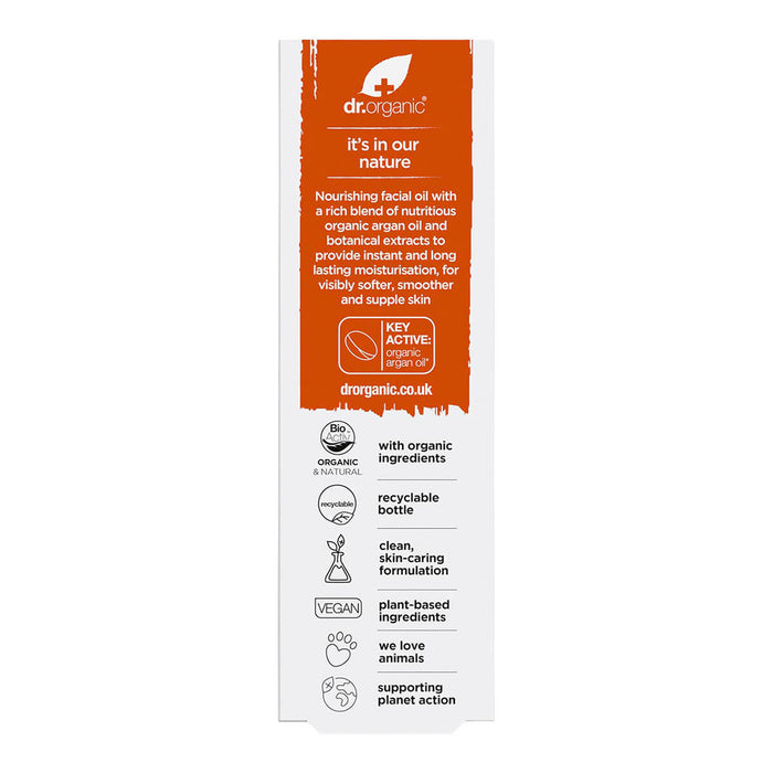 Back of 30ml box Dr. Organic Moroccan Argan Oil Facial Oil, a non-greasy moisturiser that nourishes and restores the skin.