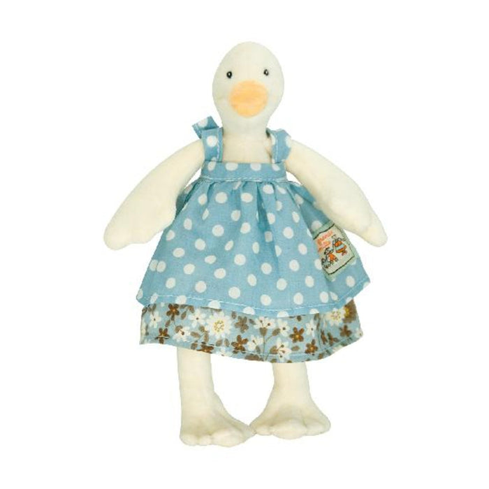 Stuffed duck toy wearing a blue polka dot dress with a floral skirt on a white background
