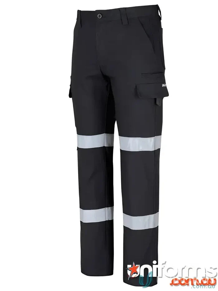 Black stretch canvas work pants with reflective tape and two pockets for durability