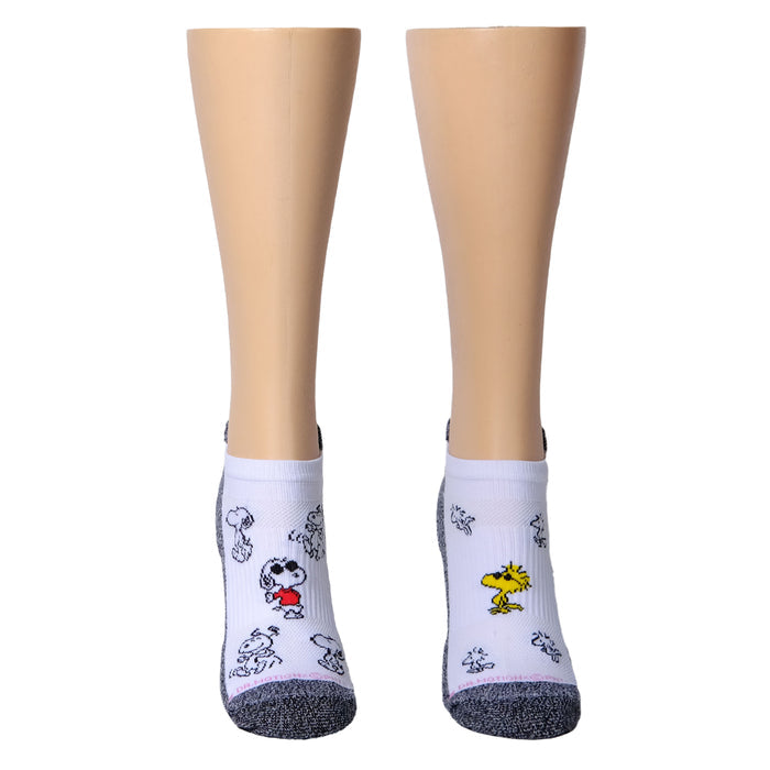 Ankle compression socks featuring Snoopy and Woodstock designs in black and white with a gray toe.