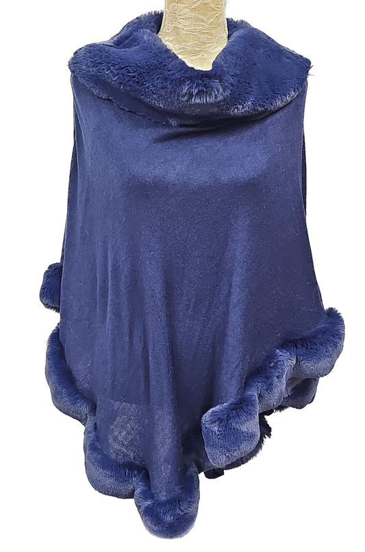 Navy Blue Faux Fur Trim Poncho