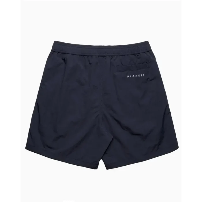 Back side of navy portsea swim shorts with dark navy blue color and subtle planet logo ideal for uniforms and workwear