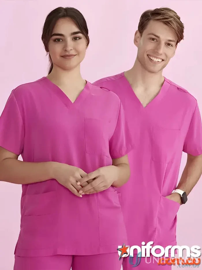Matching pink medical scrubs, NBCF Unisex Pink V-Neck Scrub Top, perfect for healthcare pros