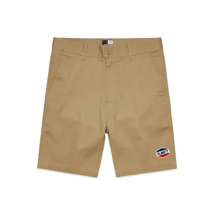 Beige chino nemesis ramp shorts with small embroidered planett logo perfect for workwear and uniforms