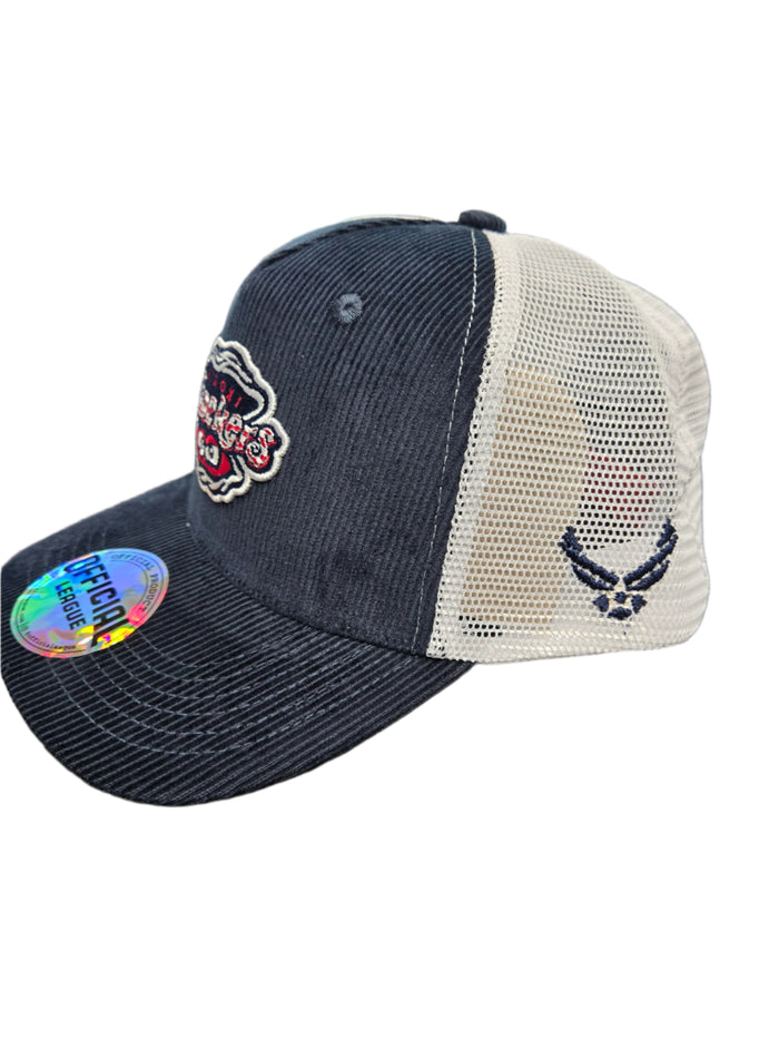 Official League Corduroy Driver Cap in Navy with Shuckers Logo in Patriotic Colors.