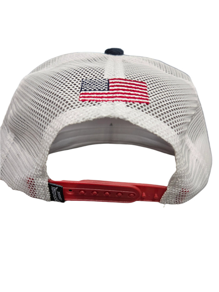 Official League Corduroy Driver Cap in Navy with Shuckers Logo in Patriotic Colors.