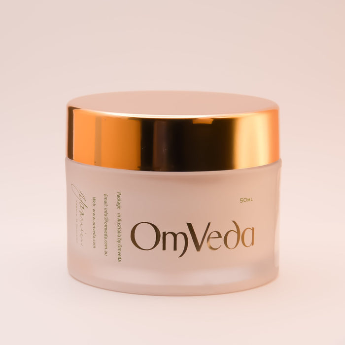 OmVeda eye transform 50 ml cream jar with OmVeda logo on label