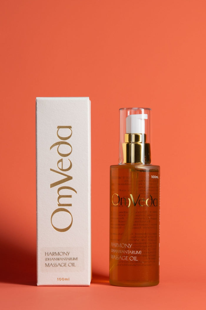 Massage oil with pump bottle and carton, amber liquid, OmVeda Harmony Professional