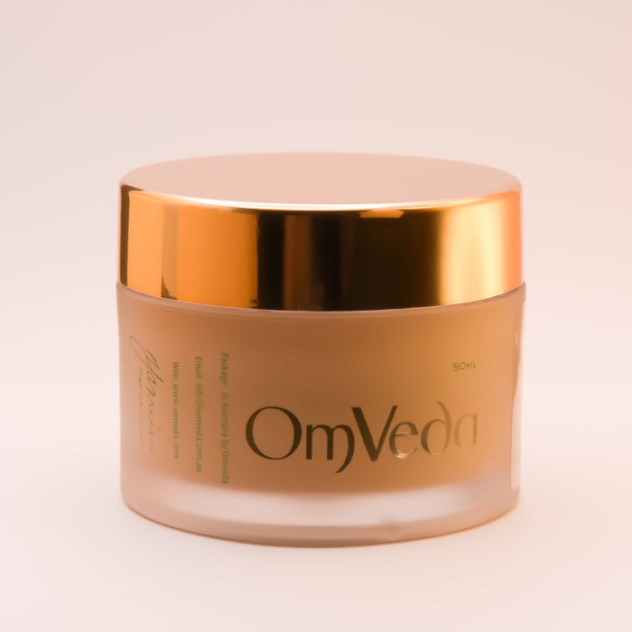 OmVeda Radiance Mask 50ml translucent cream jar with gold lid