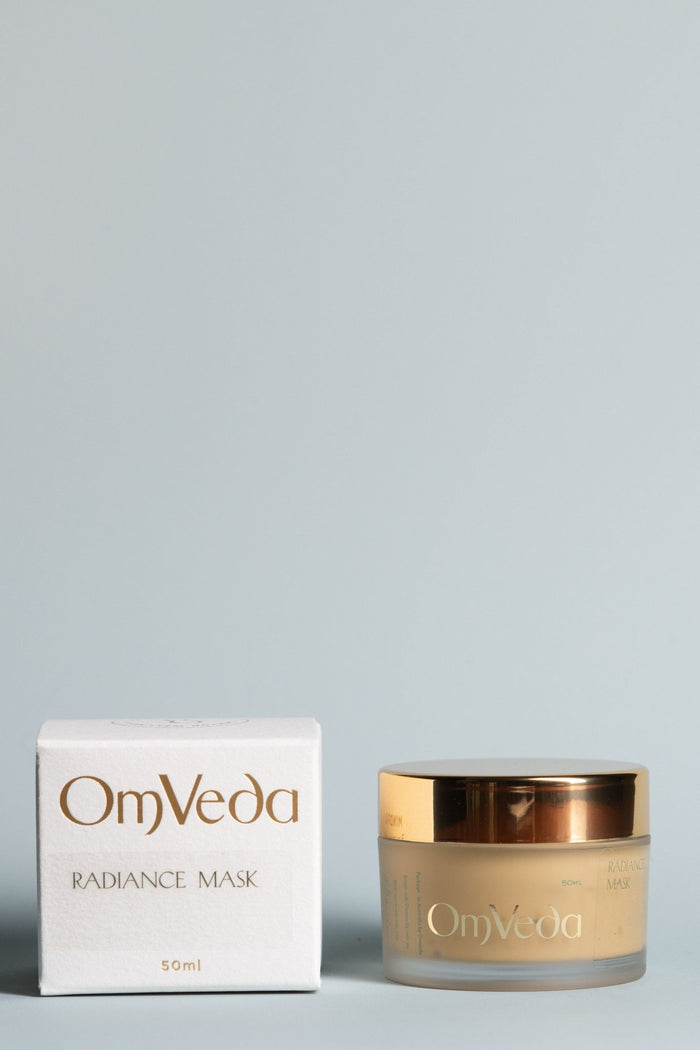 OmVeda Radiance Mask set: white box and gold jar with gold lid