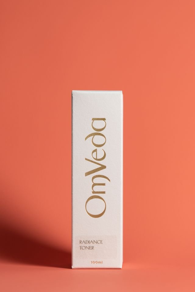 OmVeda Radiance toner box, white with gold lettering