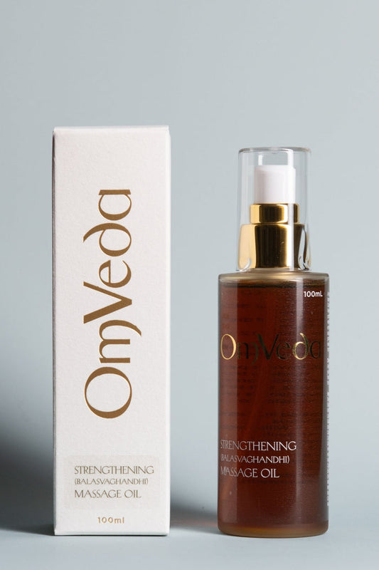 OmVeda strengthening massage oil set: amber bottle and white box, 100ml