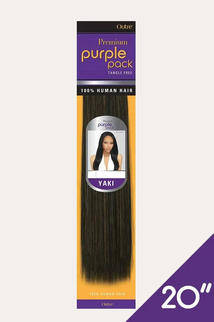 Outre Premium Purple Pack Yaki 20 inch packaging featuring 100% Human Hair weaving for natural straight styles