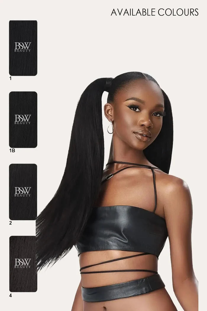 Model wearing Outre Premium Purple Pack Yaki 100% Human Hair in 20 inch length styled in long pigtails