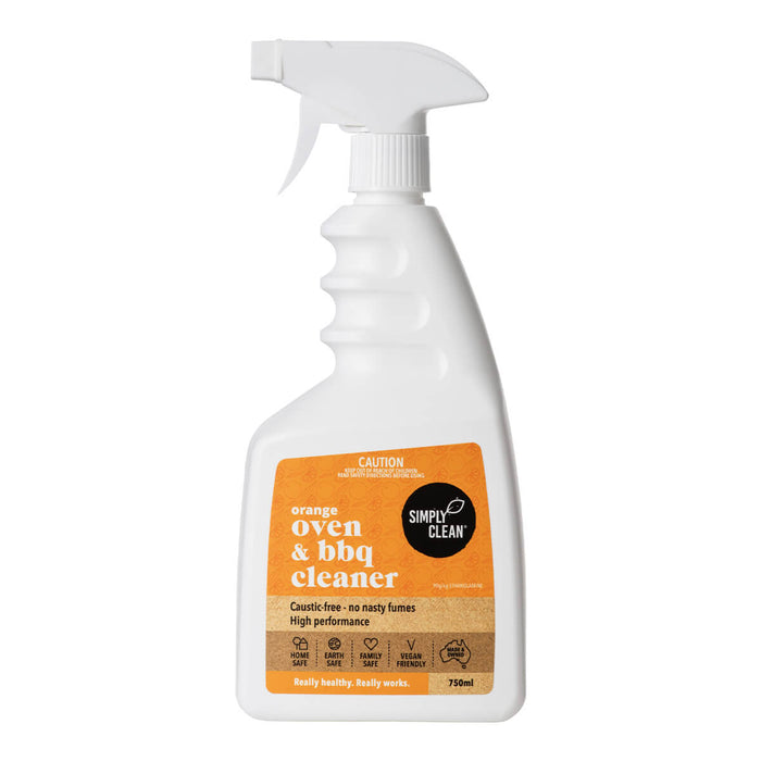 Front view of 750ml spray bottle of SimplyClean Oven & BBQ Cleaner, naturally fragranced with orange oil and effectively cleans oven interiors, barbeque hotplates, and grills using only clean ingredients. Packaged in a white bottle with an orange label.