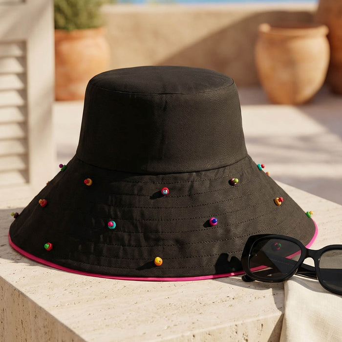 Oversized Embellished Beach Floppy Hat - Black