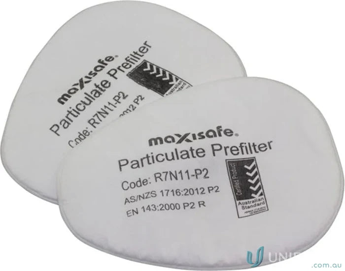 Two white particulate prefilters for Maxiguard Respirators, ideal for main filter in workwear