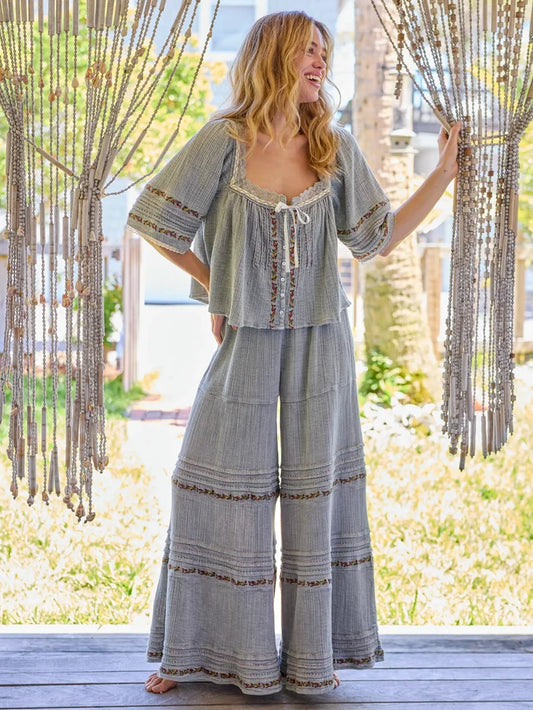 Patti Palazzo Pants - Light Grey Cotton-view 1