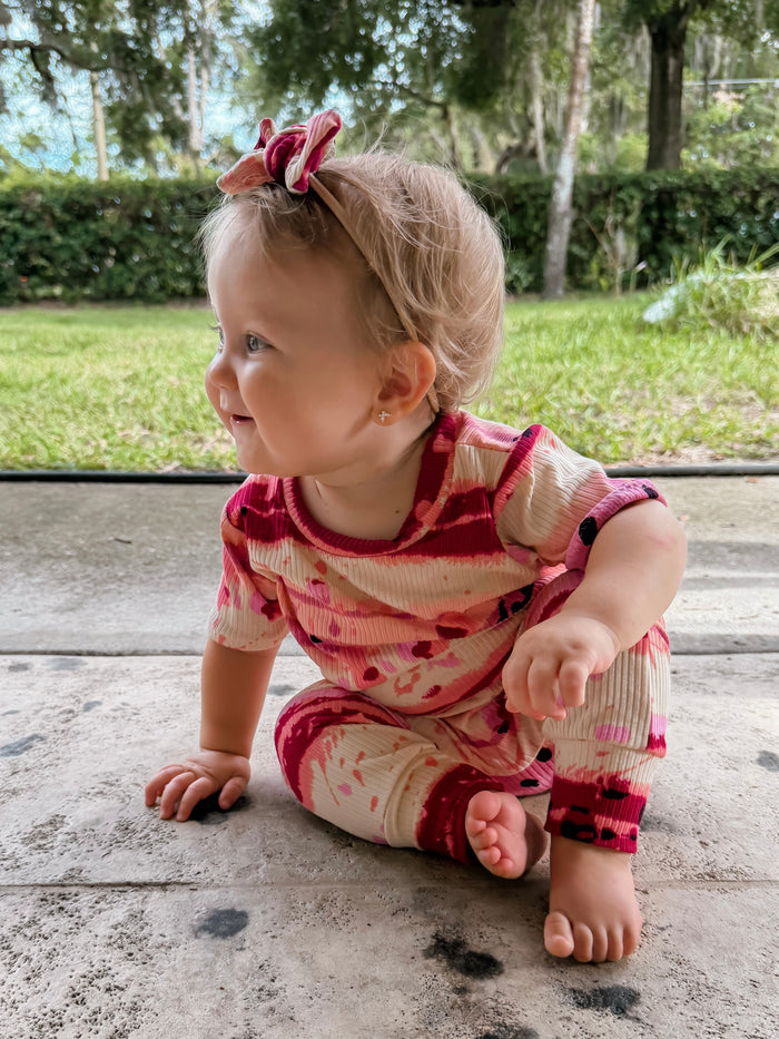 Pink Abstract Stripe Ribbed Harem Romper
