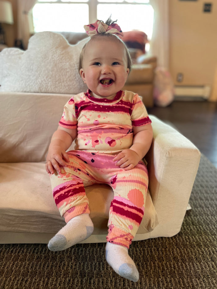 Pink Abstract Stripe Ribbed Harem Romper