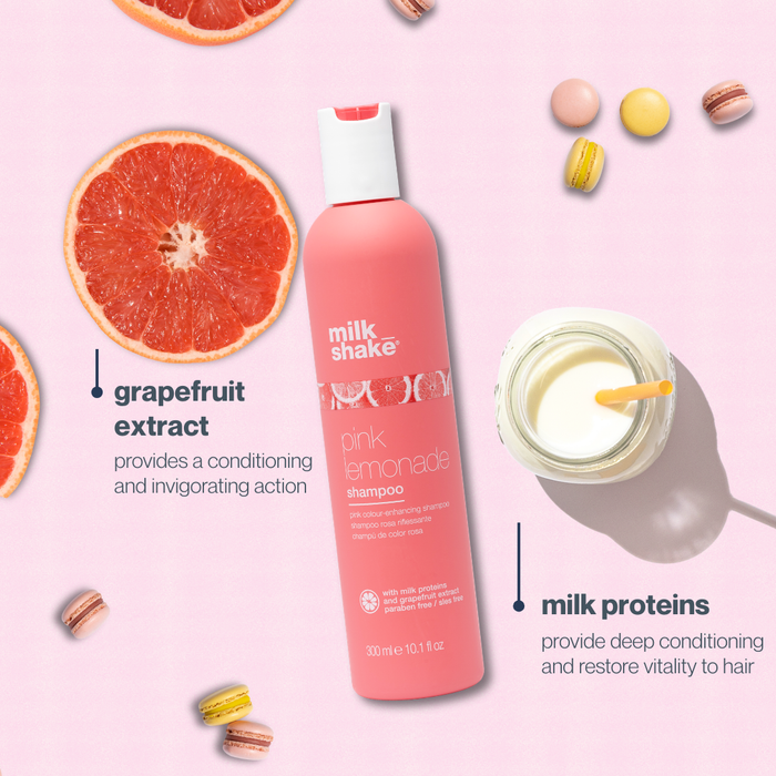 Pink milk_shake shampoo bottle with grapefruit extract and milk proteins on a pink background