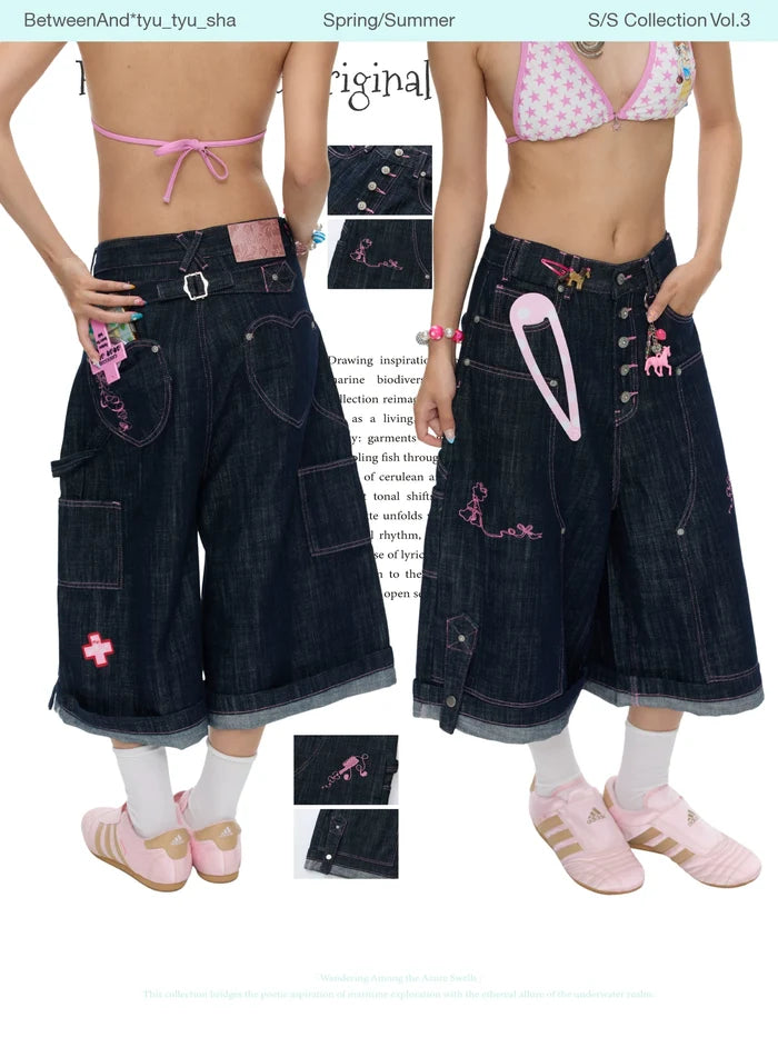 Pink stitched original cow cropped pants