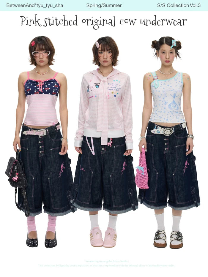 Pink stitched original cow cropped pants