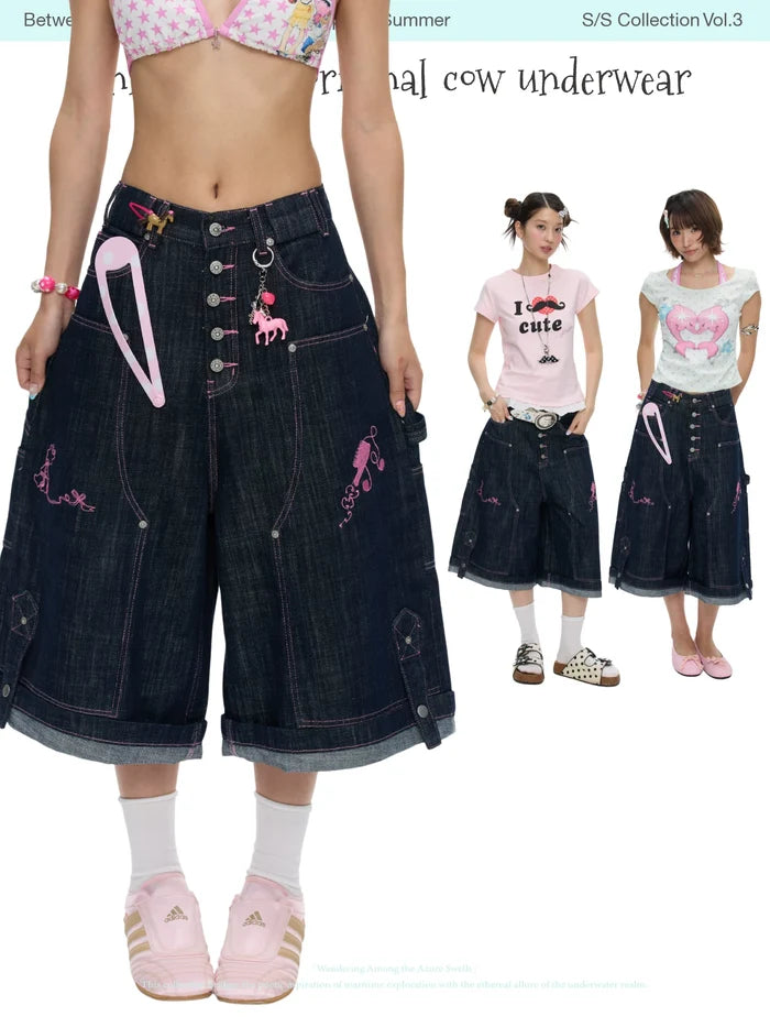 Pink stitched original cow cropped pants