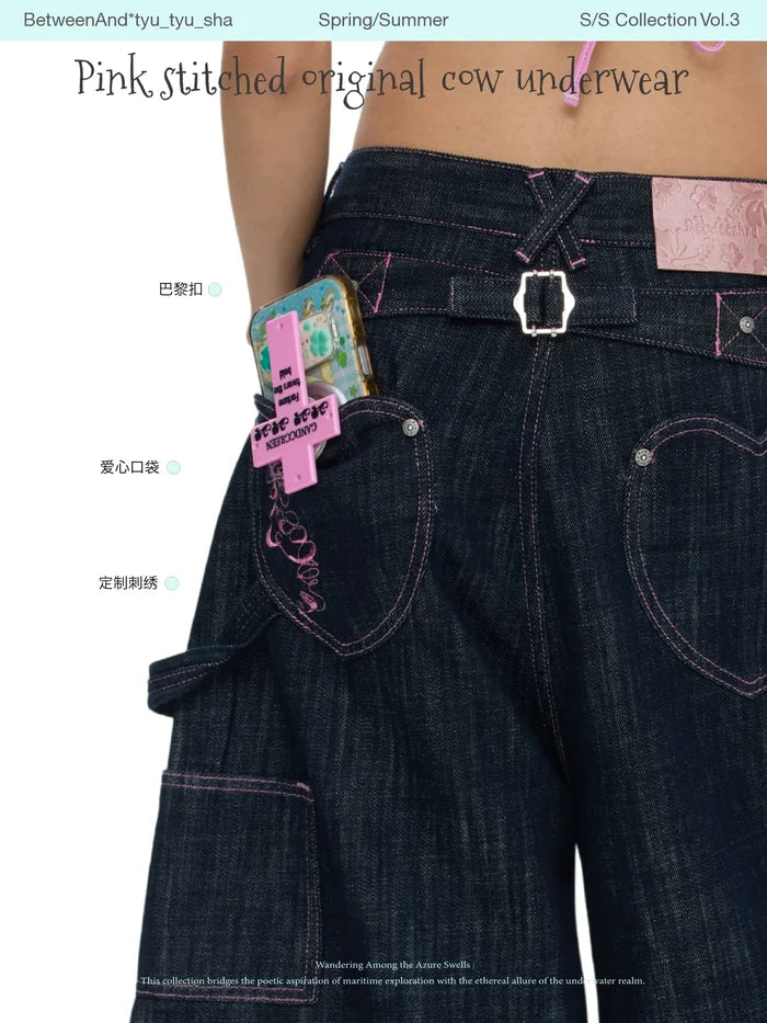 Pink stitched original cow cropped pants