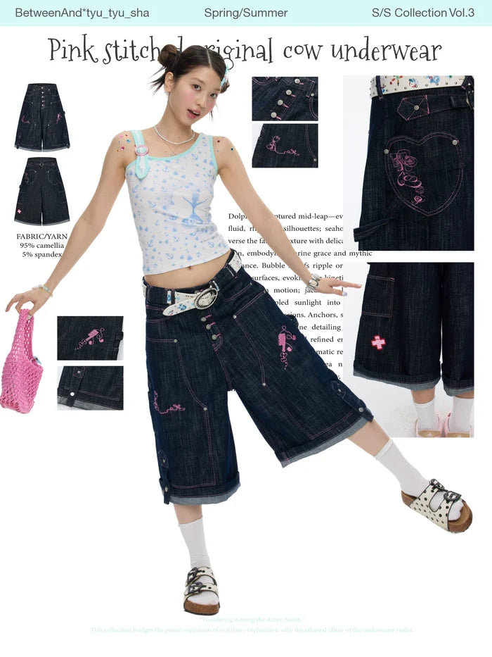 Pink stitched original cow cropped pants