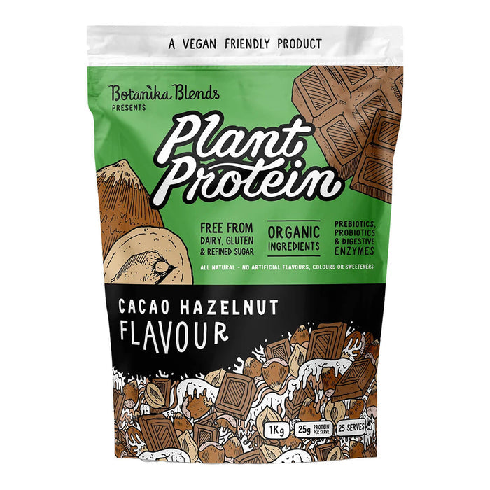 1kg bag of Botanika Blends Plant Protein in Cacao Hazelnut flavour, a vegan protein powder made with natural and organic ingredients.