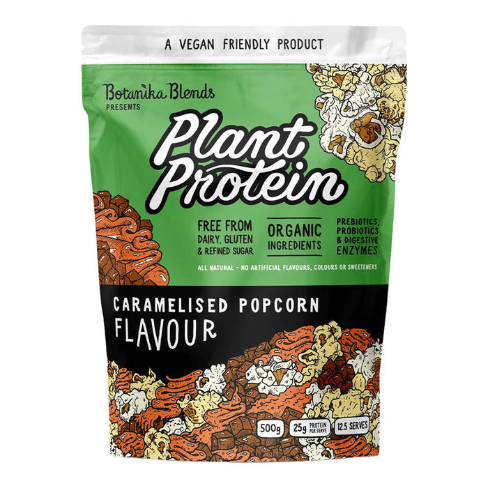 500g bag Botanika Blends Plant Protein in Caramelised Popcorn flavour, organic ingredients and vegan.