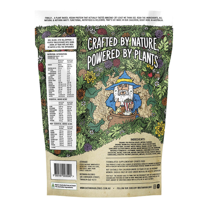 Back of 500g bag Botanika Blends Plant Protein in Caramelised Popcorn flavour, showing nutrition information and ingredients.