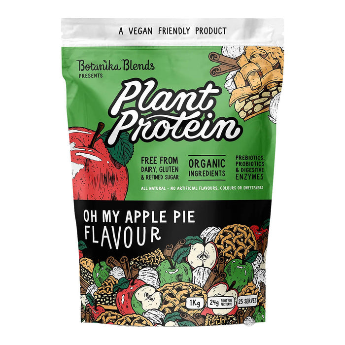 1kg bag of Botanika Blends Plant Protein in Oh My Apple Pie flavour, a vegan protein powder made with natural and organic ingredients.