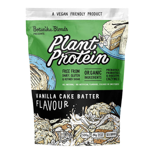 500g bag of Botanika Blends Plant Protein in Vanilla Cake Batter flavour, a vegan protein powder made with natural and organic ingredients.