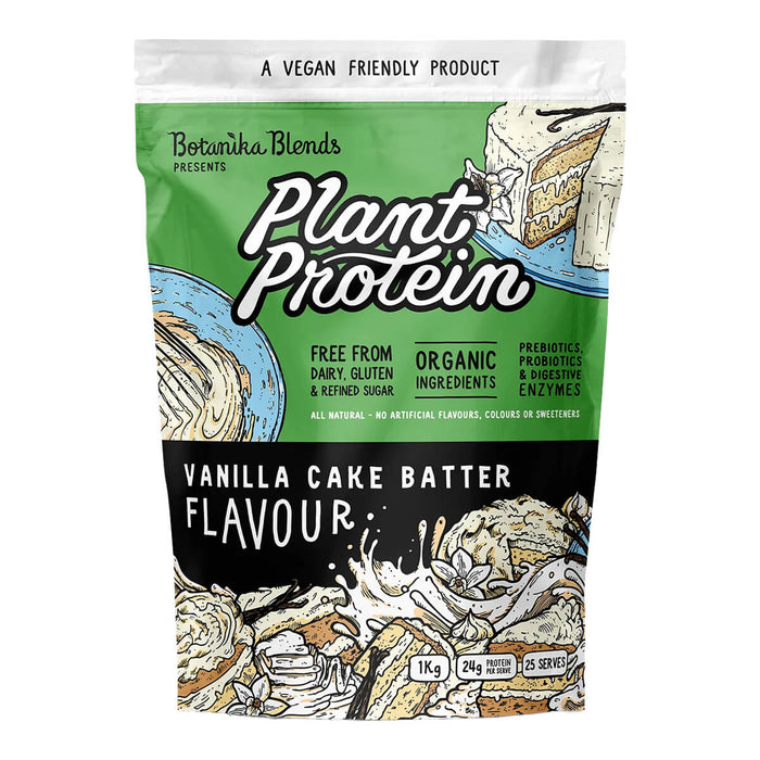 1kg bag of Botanika Blends Plant Protein in Vanilla Cake Batter flavour, a vegan protein powder made with natural and organic ingredients.