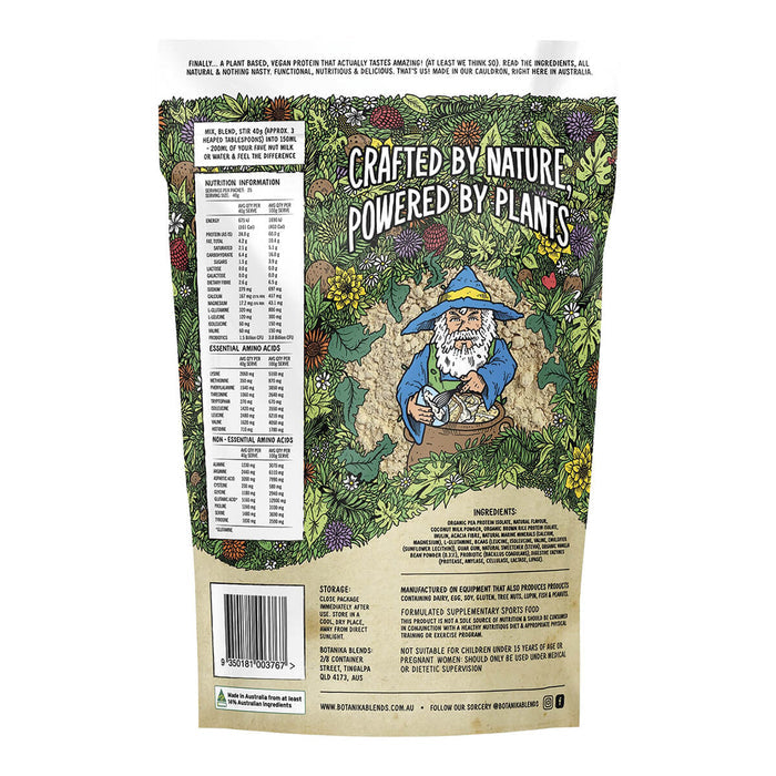 Back of a package with nature-themed design and text, featuring a bar code and nutritional information.