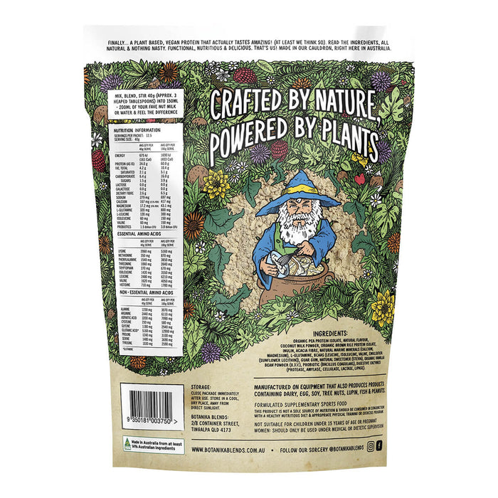 Back of a package with nature-themed design and text, featuring a bar code and nutritional information.