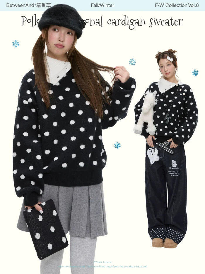 Polka dot diagonal cardigan sweater