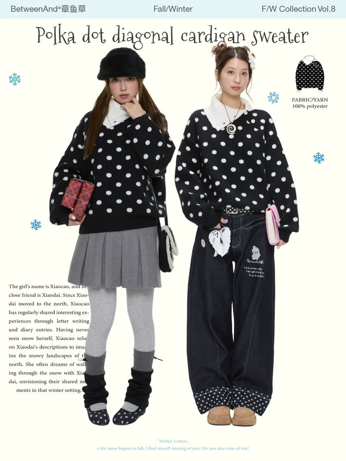 Polka dot diagonal cardigan sweater